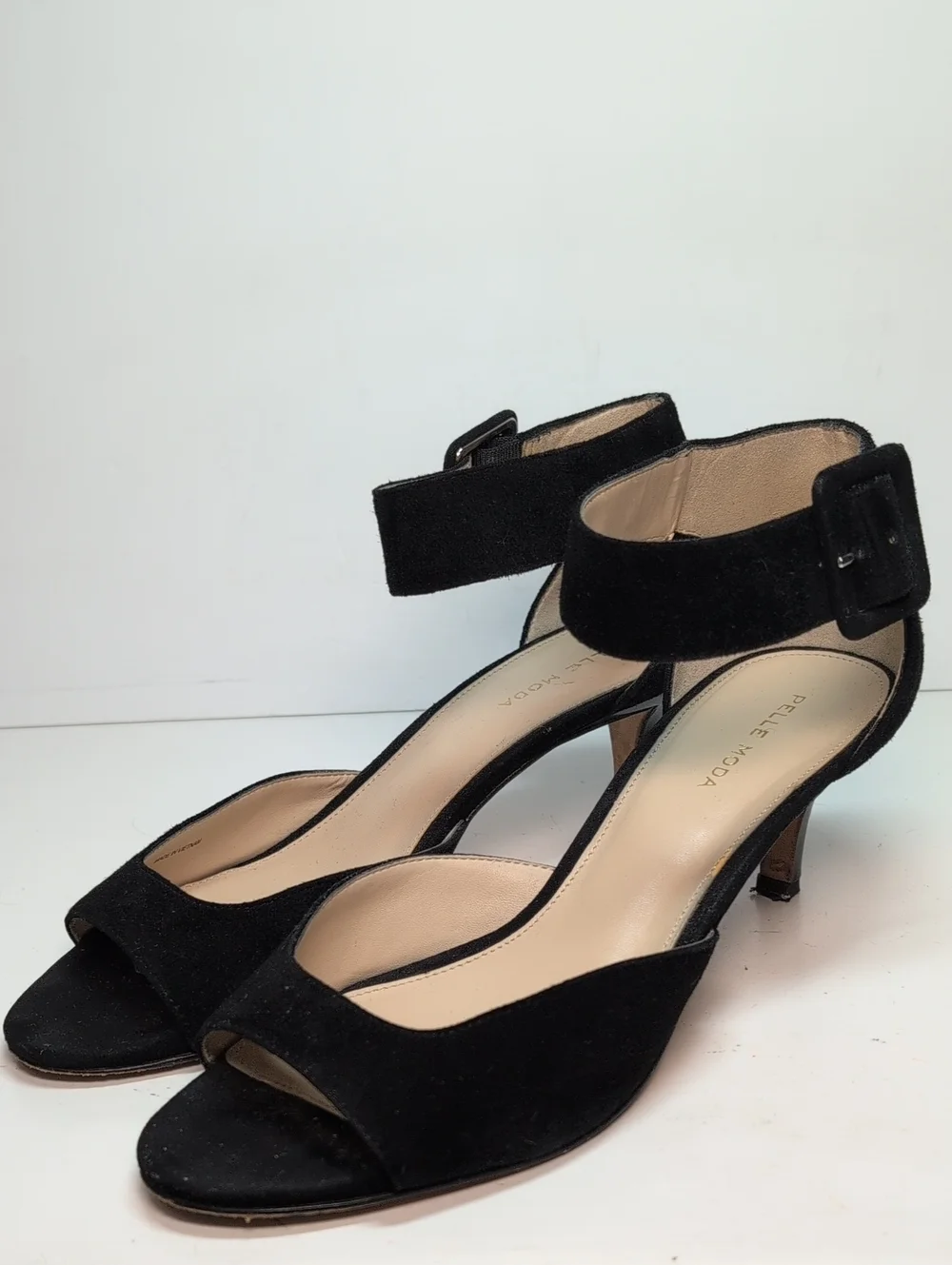Pelle Moda Black Suede Peep-Toe Ankle Strap Heels womans size 9